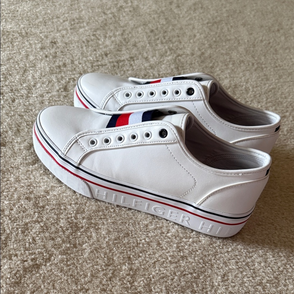 LikeNew* Tommy Hilfiger Women's White Sneakers with Red and Blue Accents